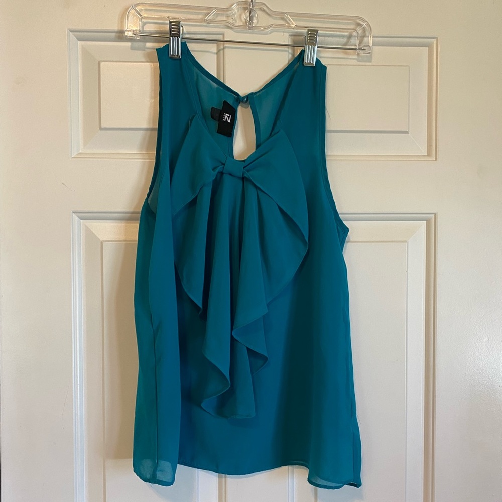 Iz Byer Teal Flowy Sheer Bow Tank Top Shirt